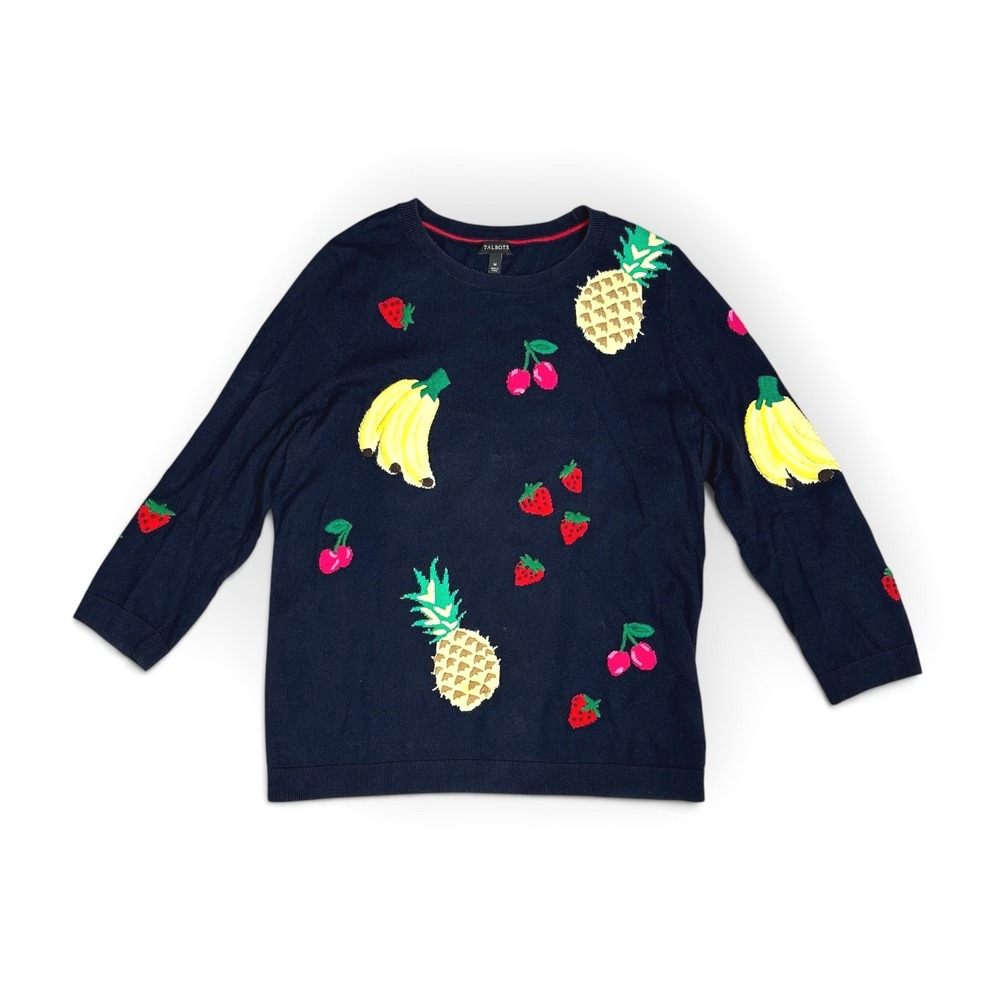 Talbots Womens Navy Blue Fruit Embroidered Crewneck Sweater M Pineapple Banana
